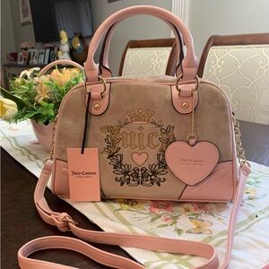 Juicy Couture Pink and Tan Suede Leather Satchel with Heart Hang Tag